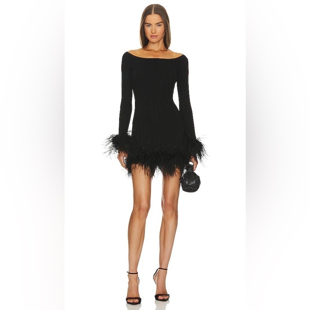 MILLY Rosette Feather Trim Mini Dress in Black